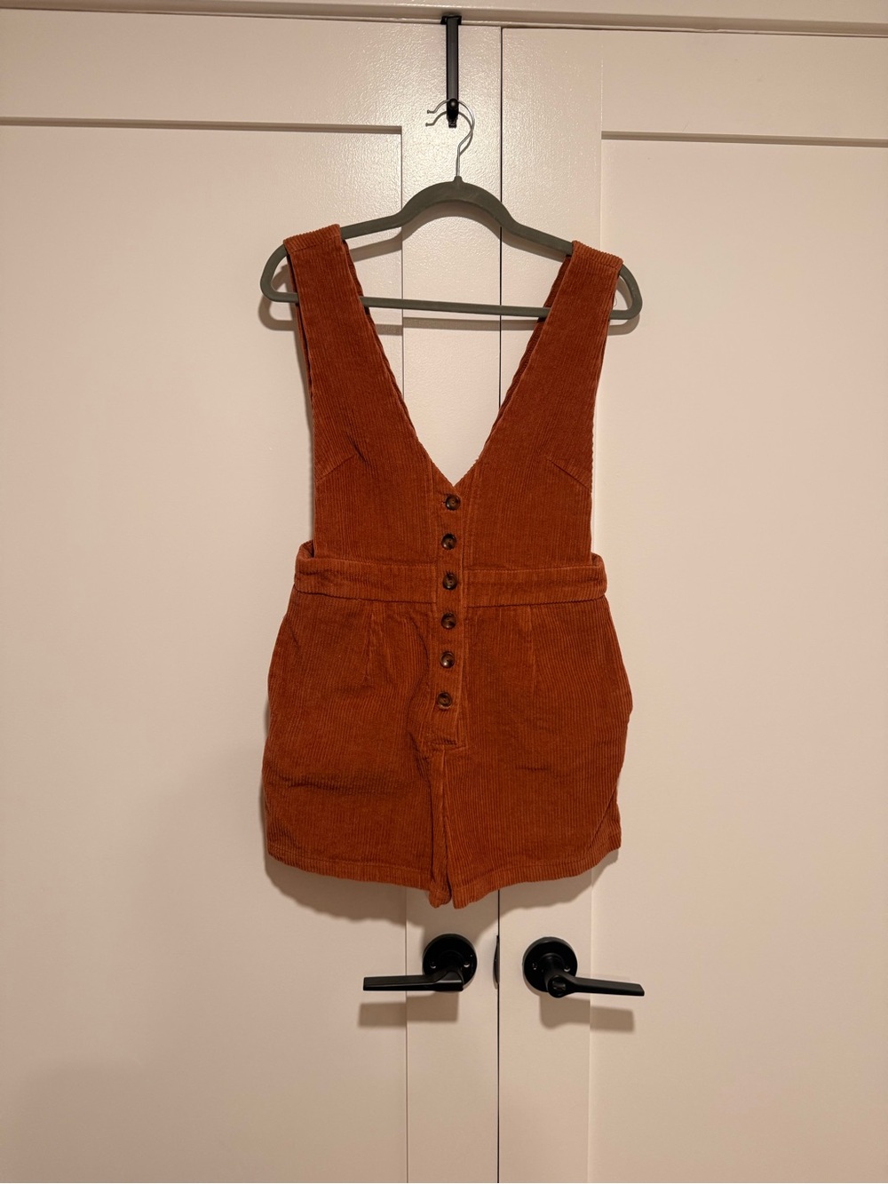 Rust Corduroy Button-Front Overall Romper